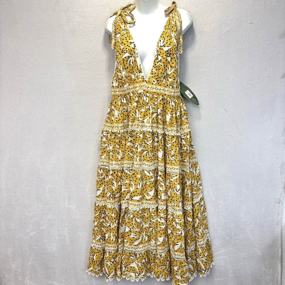 NWT Farm Rio Banana Print Fit Flare Maxi Sundress Womens Large Yellow Tropical